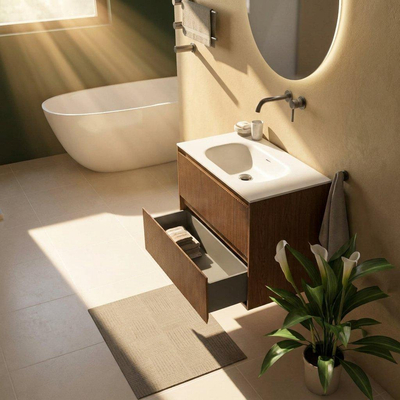 Saniclass Holz Atelier Ensemble meuble de salle de bains - 80x45x61.5cm - Flow lavabo en solid surface blanc - 1 vasque - sans trou de robinetterie - 2 tiroirs - walnut pure mat (bois)