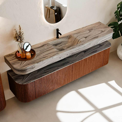 MONDIAZ THOR-DLUX 200cm meuble de salle de bains arrondi gauche + droite couleur Ruby avec 2 tiroirs et 2 portes. Vasque suspendue CLOUD Milieu 1 trou de robinet couleur Sombra.