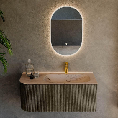 MONDIAZ KURVE-DLUX 105cm meuble de salle de bains arrondi Gauche couleur Shadow avec 1 tiroir et 1 porte. Lavabo BIG SMALL Droite 1 trou de robinet Arena.