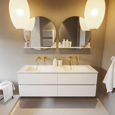 MONDIAZ VICA-DLUX Ensemble meuble de salle de bains - 150cm - meuble bas talc - 4 tiroirs - lavabo encastré cloud double - sans trous de robinet - version haute 60cm - opalo