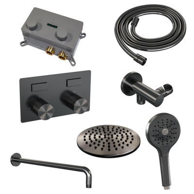 BRAUER gunmetal Carving Douche de pluie thermostatique encastrée - boutons-poussoirs - SET 57 - pomme de douche 20cm - bras mural courbé - douchette 3 jets - flexible de douche - coude de raccordement mural - PVD gunmetal brossé