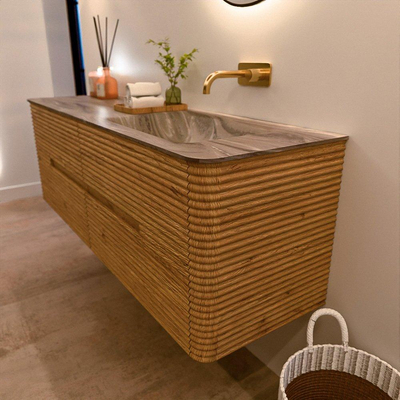 Mondiaz CIRO-DLUX Badkamermeubelset - 150x45x50cm - Solid surface wastafel Sombra - 1 wasbak Rechts - zonder kraangaten - 4 lades - Oak