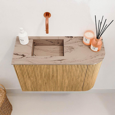 Mondiaz JOYA-DLUX 61.6cm toiletmeubel - ronding rechts kleur Oak - Wastafel FAYE positie Links Zonder kraangat kleur Arena.