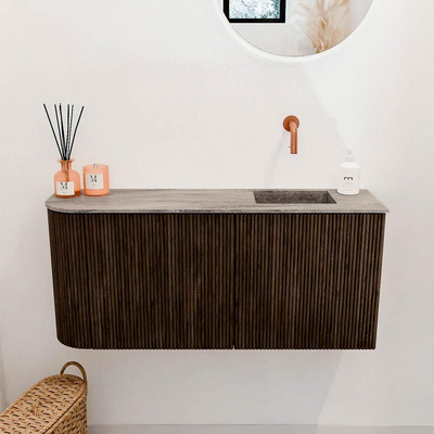 Mondiaz JOYA-DLUX 91.6cm toiletmeubel - ronding links kleur Walnut - Wastafel FAYE positie Rechts Zonder kraangat kleur Oza.