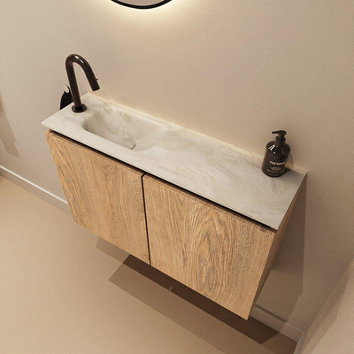 MONDIAZ TURE-DLUX meuble de toilette 80 cm Washed Oak. EDEN lavabo Ostra position gauche. Avec 1 trou de robinet.