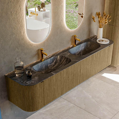 Mondiaz KURVE-DLUX Ensemble de meuble salle de bain - 200x46x40cm - 2 tiroirs - 2 portes - lavabo en solid surface - double - 2 trous de robinet - Dusk