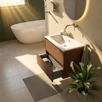 Saniclass Holz Pure Ensemble de meubles de salle de bains - 80x45x77.5cm - lavabo Torino en solid surface blanc - sans trou de robinet - 2 tiroirs - walnut pure mat (bois)