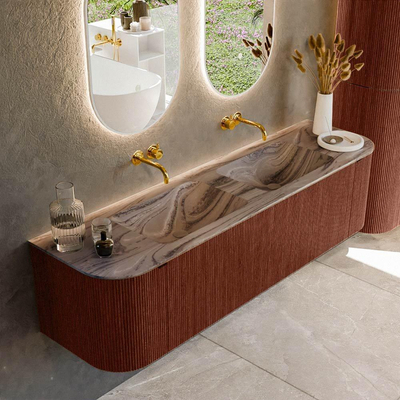 MONDIAZ KURVE-DLUX Meuble de salle de bains 170 cm arrondi Gauche + Droite couleur Ruby avec 1 tiroir et 2 portes. Lavabo LEAF Double sans trou de robinet Sombra.
