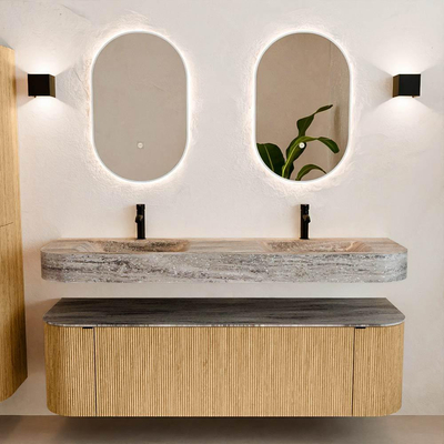 MONDIAZ THOR-DLUX 160cm meuble de salle de bains arrondi gauche + droite couleur Oak avec 1 tiroir et 2 portes. Vasque suspendue CLOUD Double 2 trous de robinet couleur Oza.