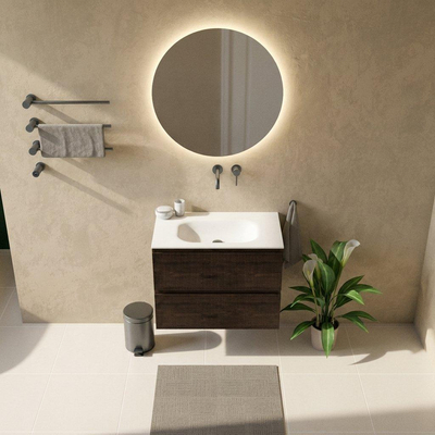 Saniclass Holz Atelier Ensemble meuble de salle de bains - 80x45x61.5cm - Flow lavabo Solid Surface blanc - 1 vasque - sans trou de robinetterie - 2 tiroirs - chêne charcoal mat (bois)