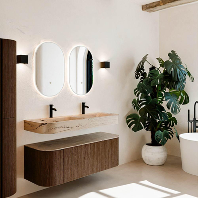 MONDIAZ THOR-DLUX 130cm meuble de salle de bains arrondi gauche + droite couleur Walnut avec 1 tiroir et 2 portes. Vasque suspendue CLOUD Double 2 trous de robinet couleur Arena.