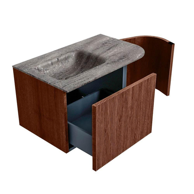 MONDIAZ KURVE-DLUX Meuble de salle de bains 75cm arrondi à droite couleur Ruby avec 1 tiroir et 1 porte. Lavabo GRUNNE à gauche sans trou de robinet Oza.