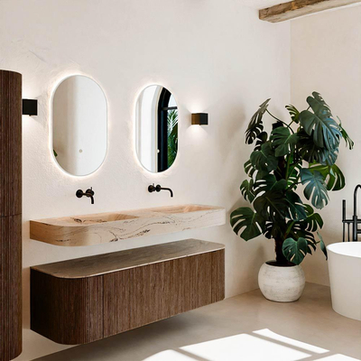 MONDIAZ THOR-DLUX 150cm meuble de salle de bains arrondi gauche + droite couleur Walnut avec 1 tiroir et 2 portes. Vasque suspendue CLOUD Double sans trou de robinet couleur Arena.