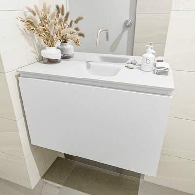 MONDIAZ OLAN Fonteinset - 80x30x40cm - 0 kraangaten - 1 lade - talc mat - wasbak midden - Solid Surface Wit