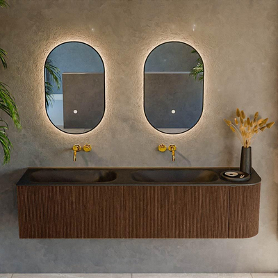 MONDIAZ KURVE 175cm meuble de salle de bains avec module 25 R couleur Walnut avec 2 tiroirs et 1 porte. Lavabo BIG SMALL double / gauche sans trou de robinet Urban.