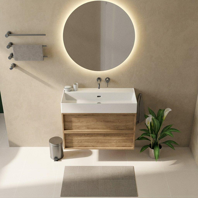 Saniclass Holz Frame Ensemble meuble de salle de bains - 100x45x72cm - Legend lavabo en céramique blanc mat - 1 vasque - sans trou de robinetterie - 2 tiroirs - chêne natural mat (bois)