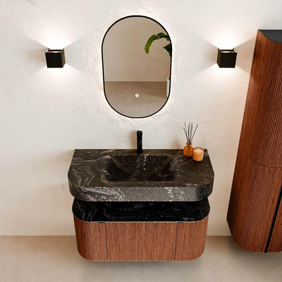 MONDIAZ THOR-DLUX 100cm meuble de salle de bains arrondi gauche + droite couleur Ruby avec 1 tiroir et 2 portes. Vasque suspendue CLOUD Milieu 1 trou de robinet couleur Lava.