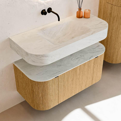 MONDIAZ THOR-DLUX 100cm badmeubel ronding links + rechts kleur Oak met 1 lade en 2 deuren. Vrijhangende wastafel CLOUD Midden zonder kraangat kleur Opalo.