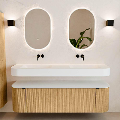 MONDIAZ THOR Meuble de salle de bains 160cm arrondi gauche + droite couleur Oak avec 1 tiroir et 2 portes. Vasque suspendue CLOUD Double sans trou de robinet couleur Talc.