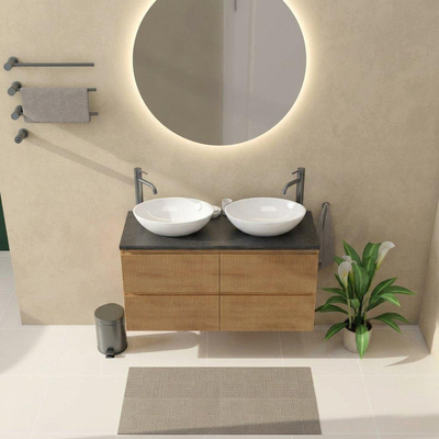 Saniclass Holz Atelier Ensemble de meubles de salle de bains - 120x45x63cm - Plan vasque en basalte Noche poli (noir) - 2 trous de robinet - 2 tiroirs - chêne natural mat (bois)