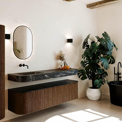 MONDIAZ THOR-DLUX 170cm badmeubel ronding links + rechts kleur Walnut met 1 lade en 2 deuren. Vrijhangende wastafel CLOUD Links zonder kraangat kleur Lava.