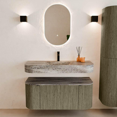 MONDIAZ THOR-DLUX Meuble de salle de bains 110cm arrondi gauche + droite couleur Shadow avec 1 tiroir et 2 portes. Vasque suspendue CLOUD Milieu 1 trou de robinet couleur Oza.