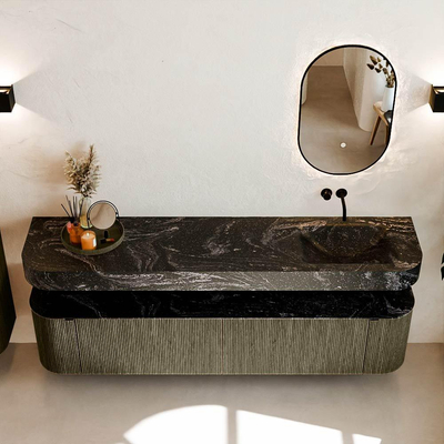 MONDIAZ THOR-DLUX 200cm meuble de salle de bains arrondi gauche + droite couleur Shadow avec 2 tiroirs et 2 portes. Vasque suspendue CLOUD droite sans trou de robinet couleur Lava.