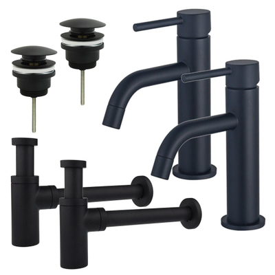 FugaFlow Eccelente Sobrado Slim Kit robinet lavabo - pour double vasque - robinet bas - bonde clic clac - siphon design - Noir mat
