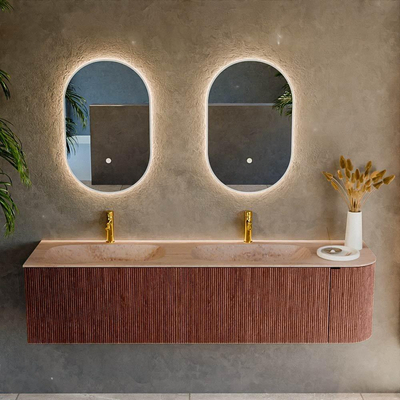 MONDIAZ KURVE-DLUX meuble de salle de bains 175 cm arrondi droite couleur Ruby avec 2 tiroirs et 1 porte. Lavabo STOR SMALL double / gauche 2 trous de robinet Saba.