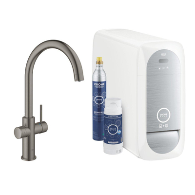 GROHE Blue Home Keukenkraan - 1-gats - C-uitloop - starterkit - Wifi - bleutooth - chilled en sparkling water - brushed hard graphite