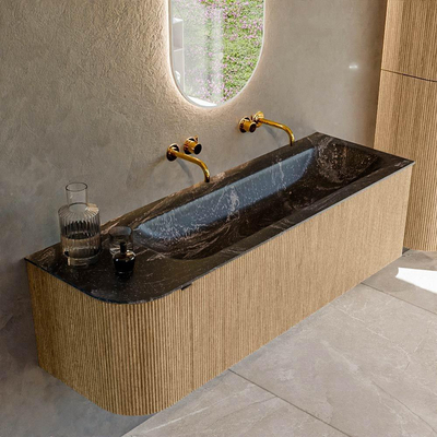 MONDIAZ KURVE-DLUX meuble de salle de bains 145 cm avec module 25 L couleur Chêne avec 1 tiroir et 1 porte. Lavabo BIG LARGE à droite sans trou de robinet couleur Lava.