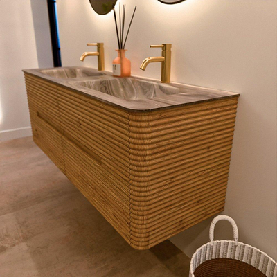 Mondiaz CIRO-DLUX Meuble de salle de bains - 140x45x50cm - Plan vasque solid surface Sombra - 2 vasques double - 2 trous de robinetterie - 4 tiroirs - Chêne