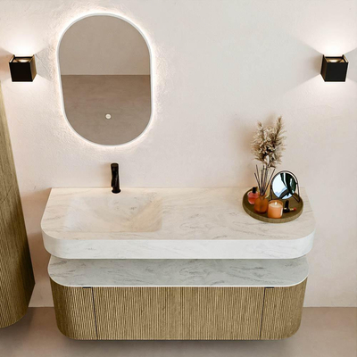 MONDIAZ THOR-DLUX 140cm meuble de salle de bains arrondi gauche + droite couleur Dusk avec 1 tiroir et 2 portes. Vasque suspendue CLOUD gauche 1 trou de robinet couleur Opalo.