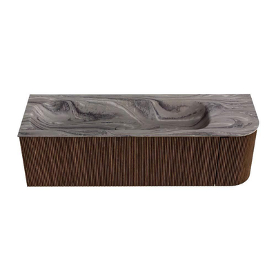 MONDIAZ KURVE-DLUX Meuble de salle de bains 145cm arrondi à droite couleur Walnut avec 1 tiroir et 1 porte. Lavabo BIG LARGE à gauche 1 trou de robinet Sombra.