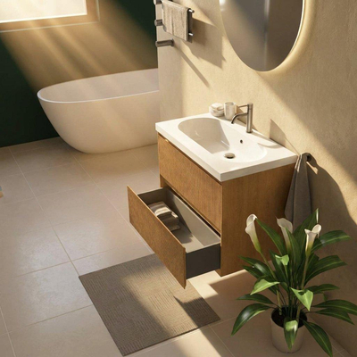 Saniclass Holz Atelier Ensemble de meubles de salle de bains - 80x45x63.5cm - Lavabo en céramique Palermo blanc - 1 vasque - 1 trou de robinetterie - 2 tiroirs - chêne naturel mat (bois)