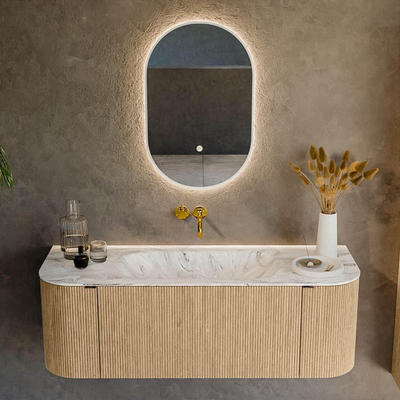 MONDIAZ KURVE-DLUX 130cm badmeubel met module 25 Len R kleur Oak met 1 lade en 2 deuren. Wastafel BIG SMALL midden zonder kraangat kleur Glace.
