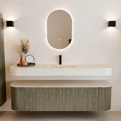 MONDIAZ THOR-DLUX 170cm meuble de salle de bains arrondi gauche + droite couleur Shadow avec 1 tiroir et 2 portes. Vasque suspendue CLOUD Milieu 1 trou de robinet couleur Meli.