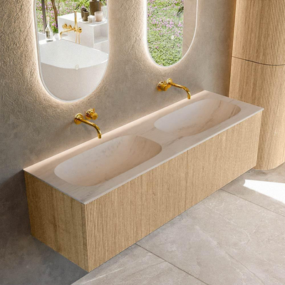 MONDIAZ KURVE-DLUX Meuble de salle de bains 150cm couleur Oak avec 2 tiroirs et 0 portes. Lavabo STOR SMALL Double sans trou de robinet Meli.