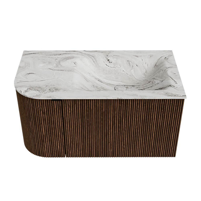 MONDIAZ KURVE-DLUX Meuble de salle de bains 85 cm avec module 25 L couleur Walnut avec 1 tiroir et 1 porte. Lavabo CLOUD à droite 1 trou de robinet couleur Glace.