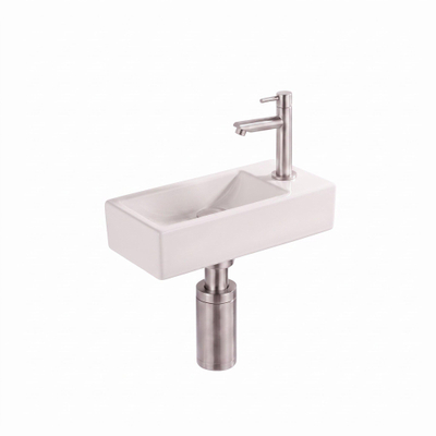 Saniclass Fuente Fontaine set - 40x22x10cm - solid surface blanc cassé - bonde - robinet de fontaine - siphon - inox