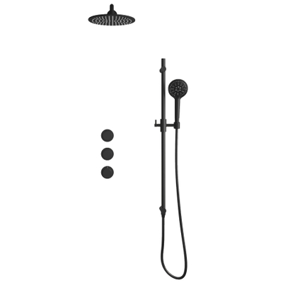 Fortifura Nebbio Regendoucheset - inbouwkraan - inbouwdeel - glijstang - doucheslang metaal - ronde handdouche - 35cm - wandarm - 30cm ronde hoofddouche - mat zwart