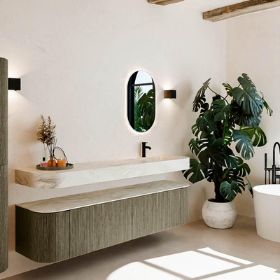 MONDIAZ THOR-DLUX Meuble de salle de bains 190cm arrondi gauche + droite couleur Shadow avec 2 tiroirs et 2 portes. Vasque suspendue CLOUD Droite 1 trou de robinet couleur Ostra.