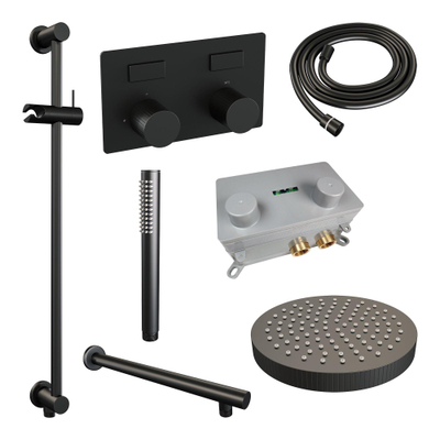 BRAUER Stripe Thermostatische Inbouw Regendouche - drukknoppen - SET 31 - 25cm douchekop - rechte muurarm - staaf handdouche - doucheslang - geïntegreerde glijstang - mat zwart