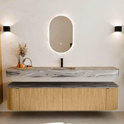 MONDIAZ THOR-DLUX Meuble de salle de bains 200cm arrondi gauche + droite couleur Oak avec 2 tiroirs et 2 portes. Vasque suspendue CLOUD Milieu 1 trou de robinet couleur Sombra.