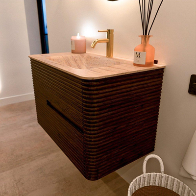 Mondiaz CIRO-DLUX Badkamermeubelset - 80x45x50cm - Solid surface wastafel Saba - 1 wasbak Midden - 1 kraangat - 2 lades - Walnut
