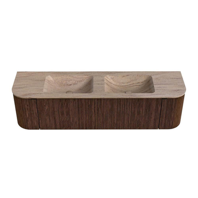 MONDIAZ KURVE-DLUX 170cm badmeubel ronding Links + Rechts kleur Walnut met 1 lade en 2 deuren. Wastafel LEAF Dubbel zonder kraangat Saba.