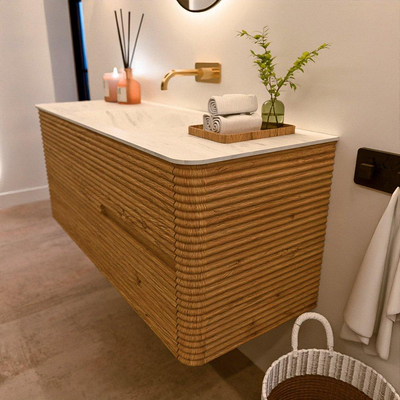 Mondiaz CIRO-DLUX Ensemble meuble de salle de bains - 120x45x50cm - Plan vasque solid surface Opalo - 1 vasque centrale - sans trous de robinet - 2 tiroirs - Chêne
