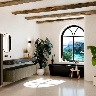 MONDIAZ THOR-DLUX 190cm meuble de salle de bains arrondi gauche + droite couleur Shadow avec 2 tiroirs et 2 portes. Vasque suspendue CLOUD Gauche sans trou de robinet couleur Lava.