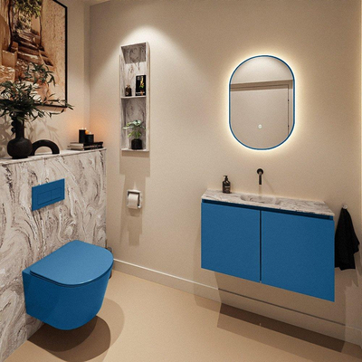 MONDIAZ TURE-DLUX Meuble toilette - 80cm - Jeans - EDEN - vasque Glace - position centrale - sans trou de robinet