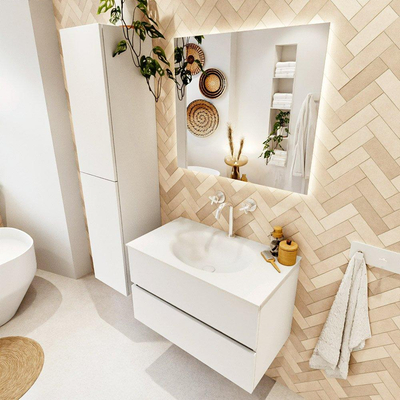 MONDIAZ VICA meuble sous lavabo 80cm Talc 2 tiroirs. Lavabo MOON centre 1 trou de robinet, couleur Talc.
